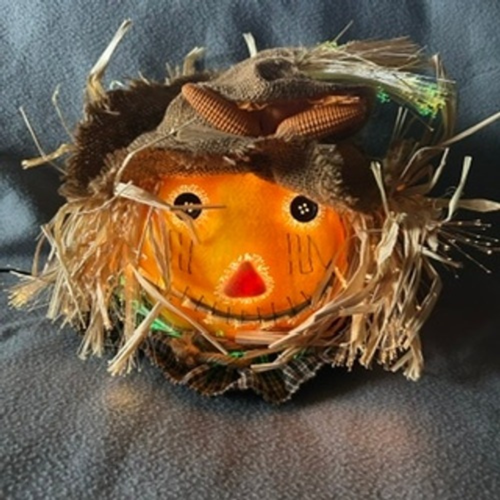 Fiber Optic Pumpkin Scarecrow Figurine Burlap Light Up Fall Harvest Decor 9"
